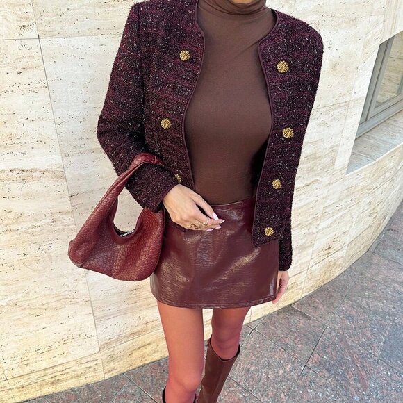 Burgundy Elegant Women's Wine Thick Tweed Round Neck Long Sleeve Jacket - Picture 4 of 6